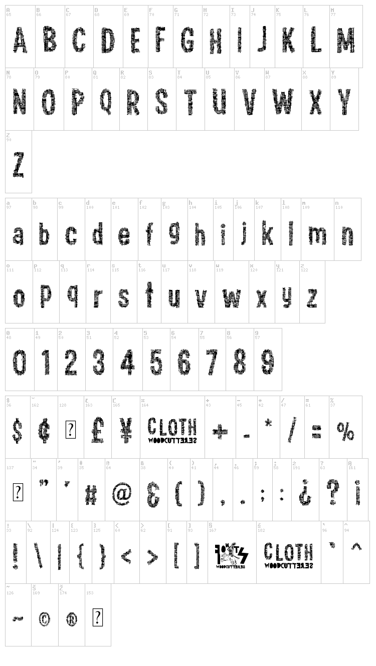 Woodcutter Cloth font map